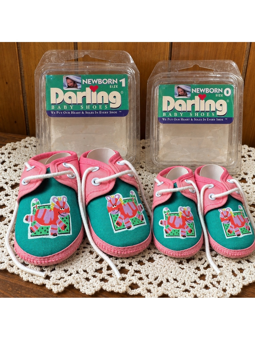 Vintage 1990 Baby Shoes Darling Pink Teal Zebra Lace Up Size 0 or 1 Boxed